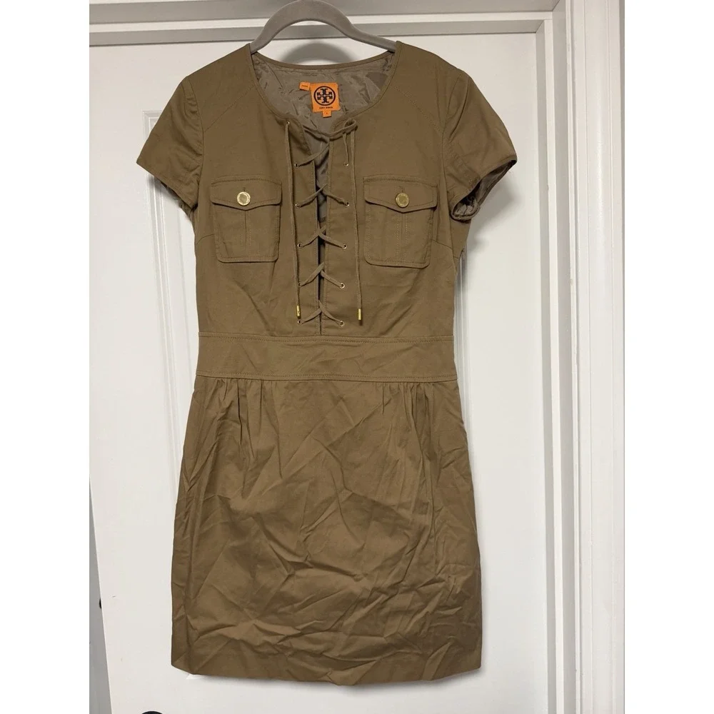 Tory Burch Farla Safari lace-up dress, Brown W/Gold Details, Size 6